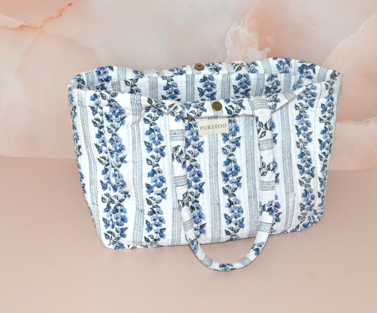 Floret Mono Tote Bag | Hand Block Printed | Quilted Cotton