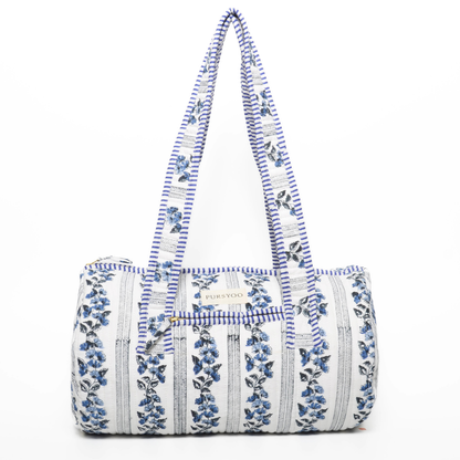 Weekender Quilted Cotton Duffle Bag and Pouch Set for Women | Carry on Gym Bag Lightweight Personal Item Travel Bag | Hand Block Printed Floral Design