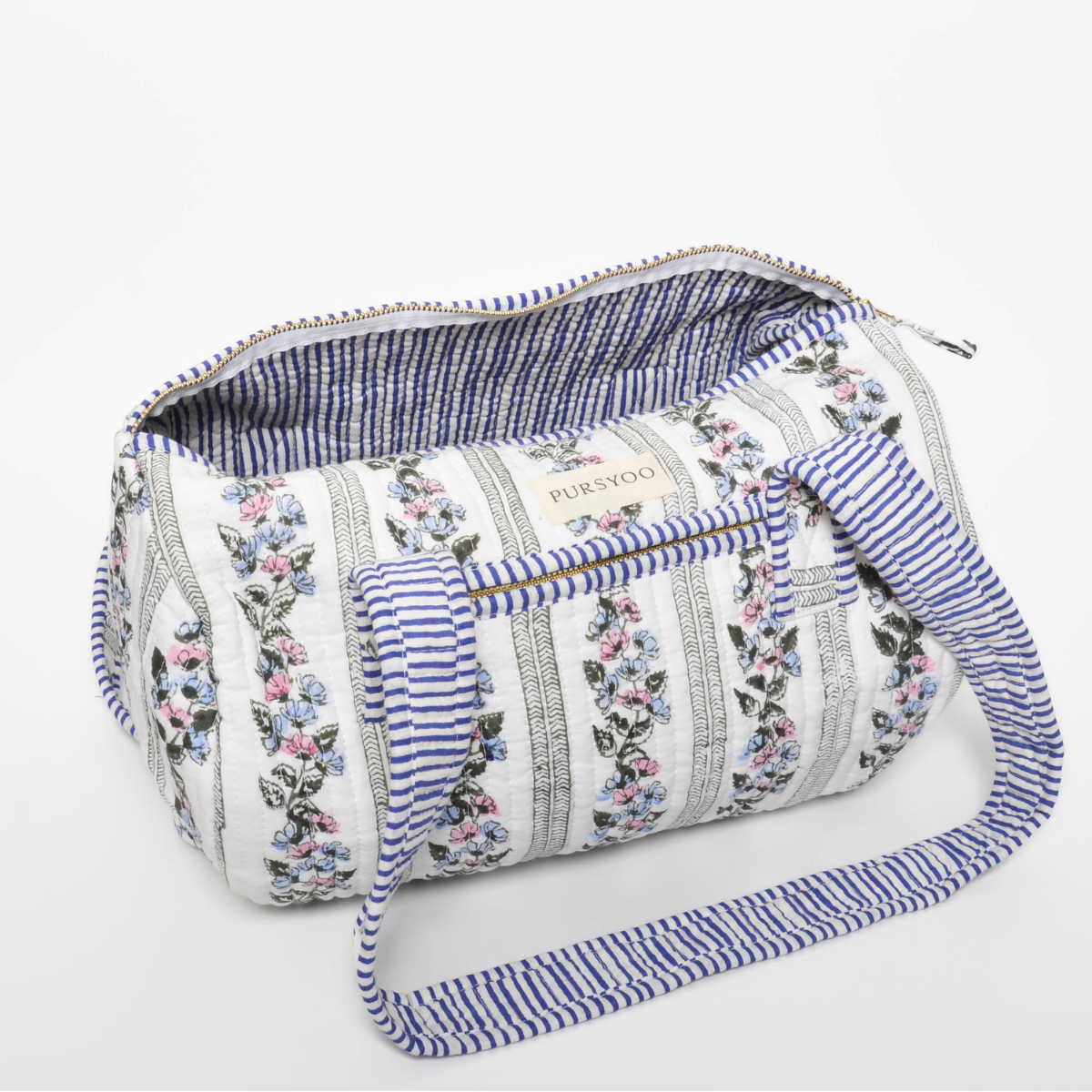 Weekender Quilted Cotton Duffle Bag and Pouch Set for Women | Carry on Gym Bag Lightweight Personal Item Travel Bag | Hand Block Printed Floral Design
