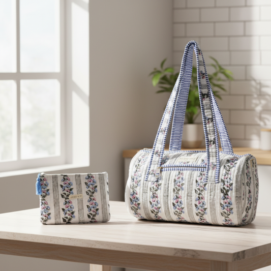 Weekender Quilted Cotton Duffle Bag and Pouch Set for Women | Carry on Gym Bag Lightweight Personal Item Travel Bag | Hand Block Printed Floral Design