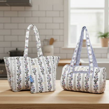 Quilted Cotton Tote, Duffle bag and Pouch Set for Women | Weekender Overnight Travel Bag set | Hand Block Printed Floral Design