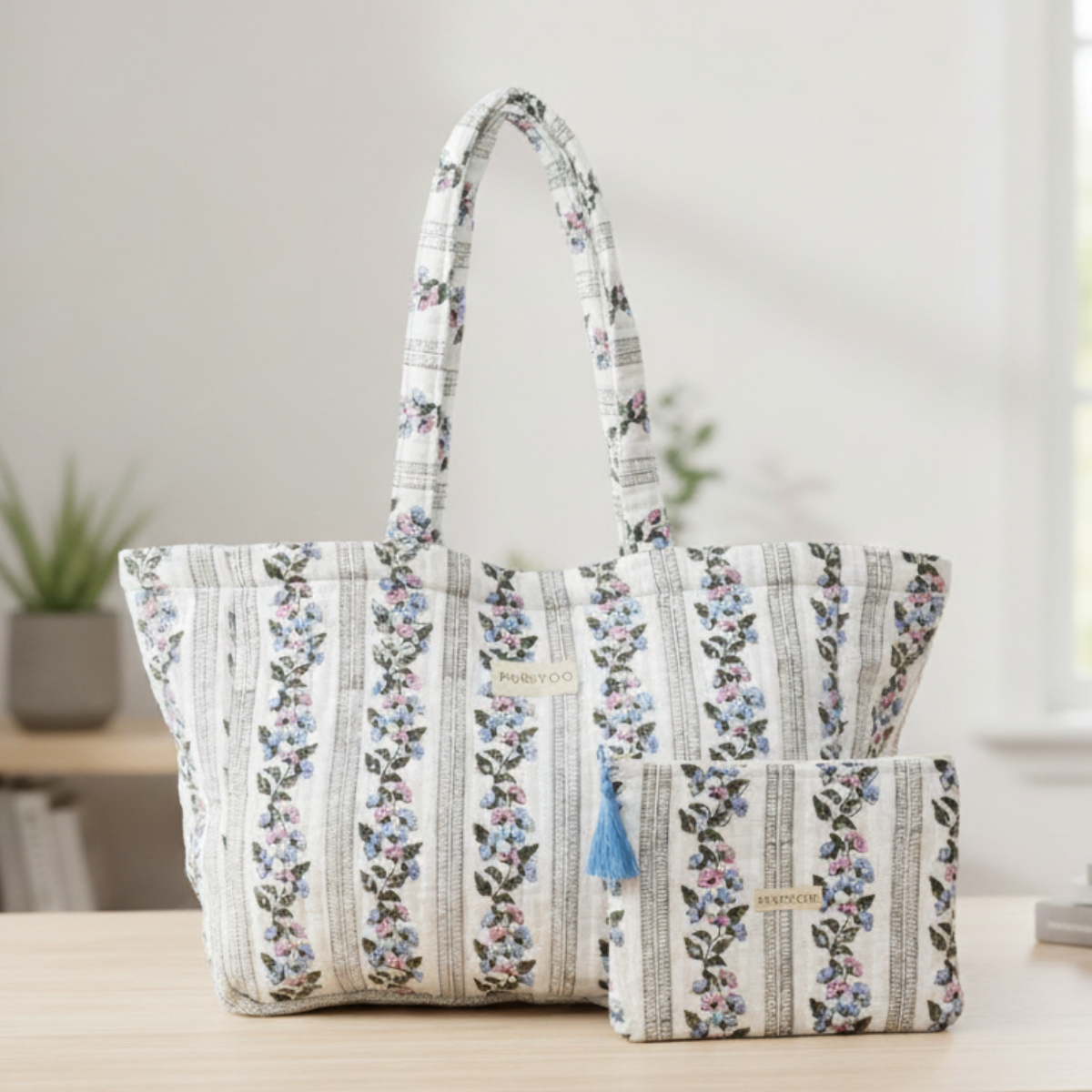 Large Quilted Cotton Tote bag and Pouch Set for Women | Handbag set for work and travel | Hand Block printed Floral Design