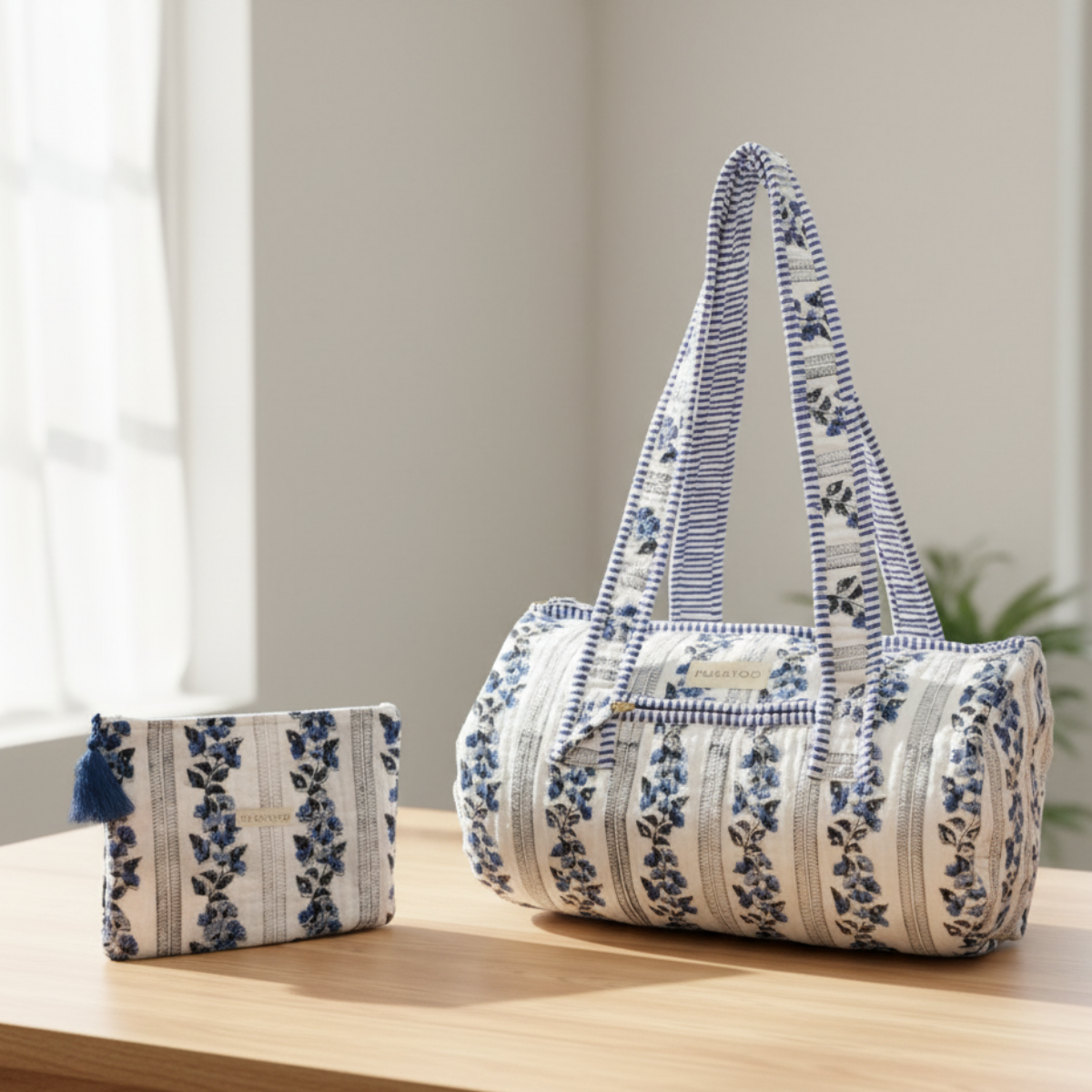 Weekender Quilted Cotton Duffle Bag and Pouch Set for Women | Carry on Gym Bag Lightweight Personal Item Travel Bag | Hand Block Printed Floral Design