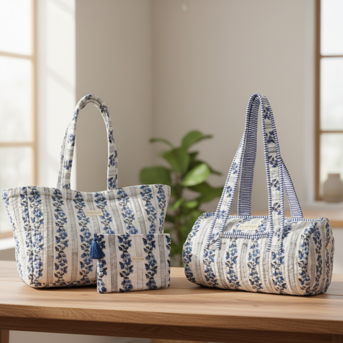 Quilted Cotton Tote, Duffle bag and Pouch Set for Women | Weekender Overnight Travel Bag set | Hand Block Printed Floral Design