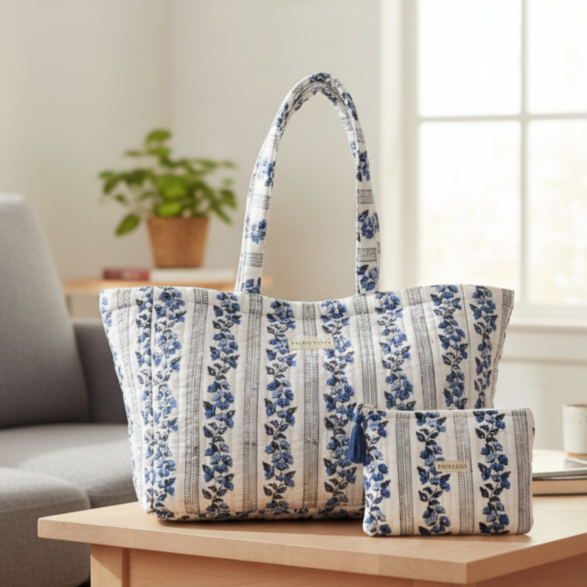 Large Quilted Cotton Tote bag and Pouch Set for Women | Handbag set for work and travel | Hand Block printed Floral Design