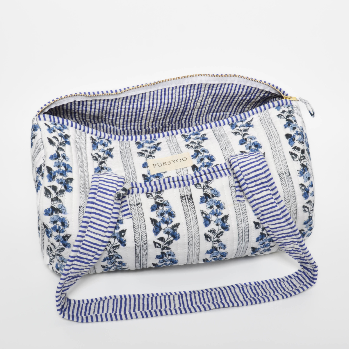 Weekender Quilted Cotton Duffle Bag and Pouch Set for Women | Carry on Gym Bag Lightweight Personal Item Travel Bag | Hand Block Printed Floral Design