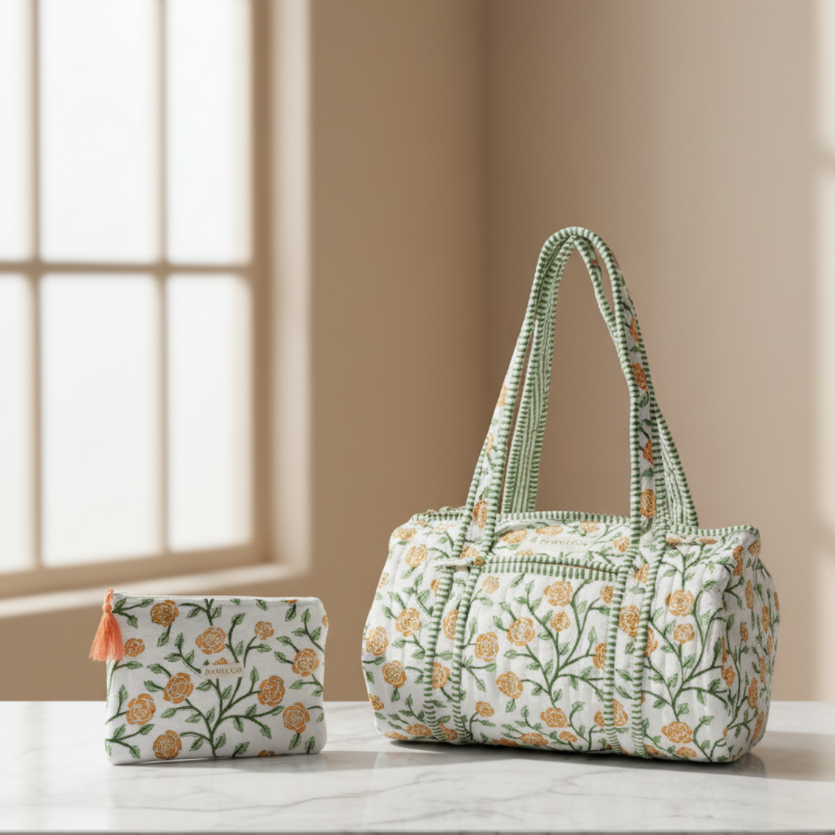 Weekender Quilted Cotton Duffle Bag and Pouch Set for Women | Carry on Gym Bag Lightweight Personal Item Travel Bag | Hand Block Printed Floral Design