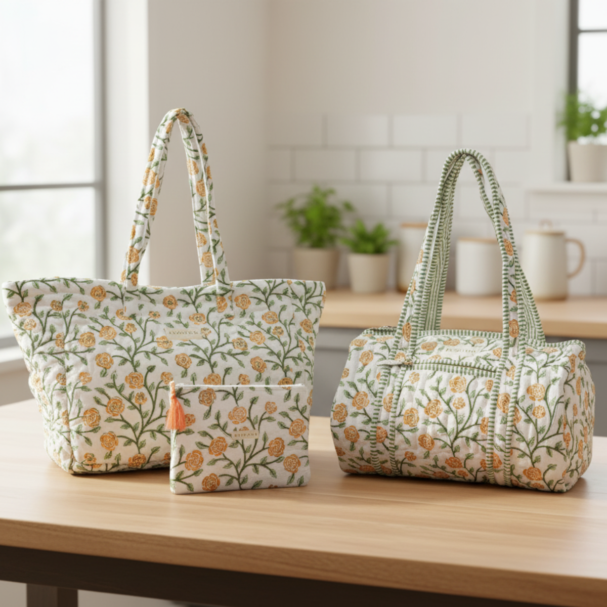 Quilted Cotton Tote, Duffle bag and Pouch Set for Women | Weekender Overnight Travel Bag set | Hand Block Printed Floral Design