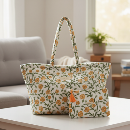 Large Quilted Cotton Tote bag and Pouch Set for Women | Handbag set for work and travel | Hand Block printed Floral Design