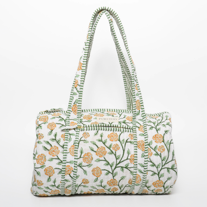 Quilted Cotton Tote, Duffle bag and Pouch Set for Women | Weekender Overnight Travel Bag set | Hand Block Printed Floral Design