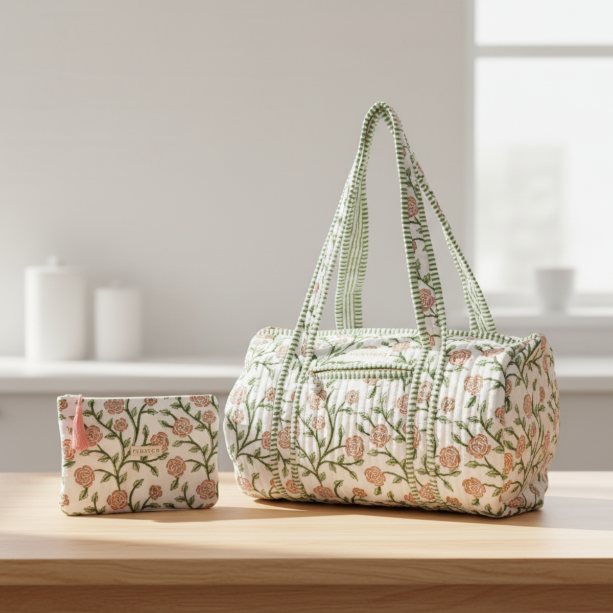 Weekender Quilted Cotton Duffle Bag and Pouch Set for Women | Carry on Gym Bag Lightweight Personal Item Travel Bag | Hand Block Printed Floral Design