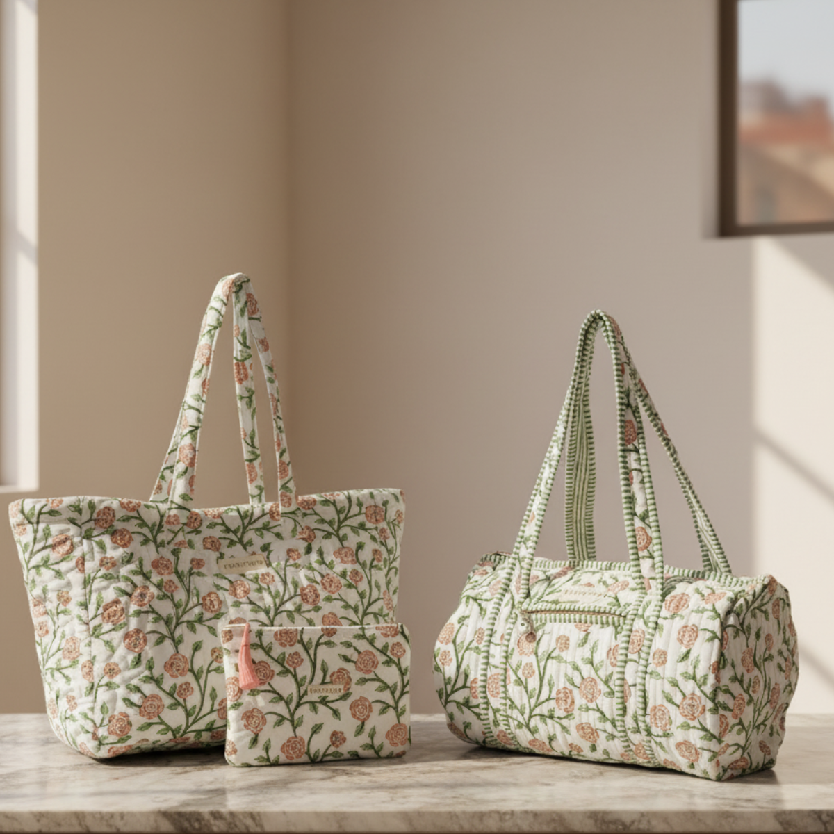 Quilted Cotton Tote, Duffle bag and Pouch Set for Women | Weekender Overnight Travel Bag set | Hand Block Printed Floral Design