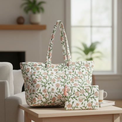 Large Quilted Cotton Tote bag and Pouch Set for Women | Handbag set for work and travel | Hand Block printed Floral Design
