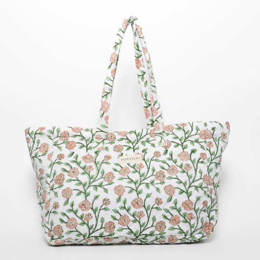 Peach Blush Vine Tote Bag | Hand Block Printed | Quilted Cotton