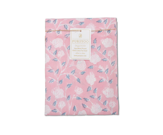 Pink Blush Vine Hand Block Printed Tea Towel