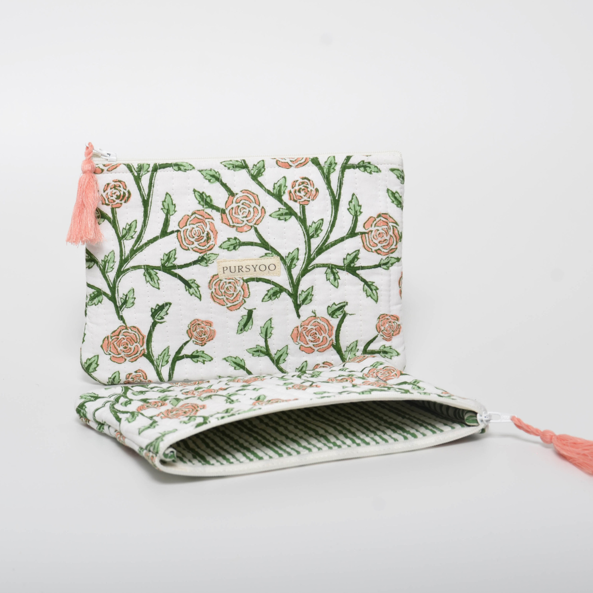 Quilted Cotton Tote, Duffle bag and Pouch Set for Women | Weekender Overnight Travel Bag set | Hand Block Printed Floral Design