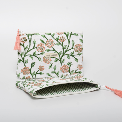 Quilted Cotton Tote, Duffle bag and Pouch Set for Women | Weekender Overnight Travel Bag set | Hand Block Printed Floral Design