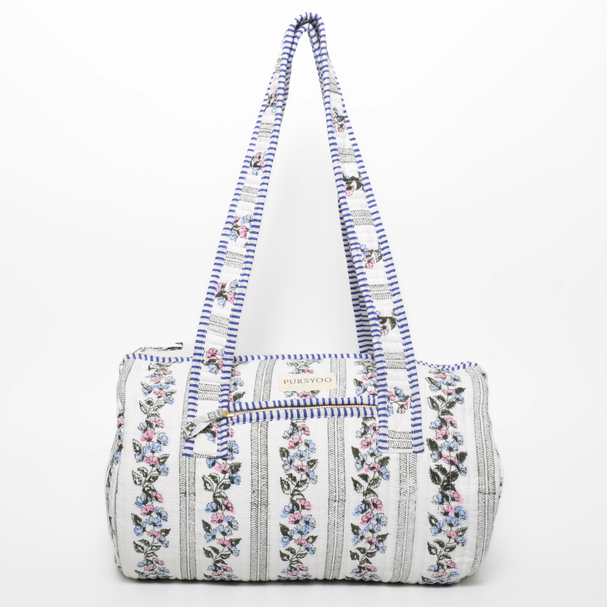 Weekender Quilted Cotton Duffle Bag and Pouch Set for Women | Carry on Gym Bag Lightweight Personal Item Travel Bag | Hand Block Printed Floral Design