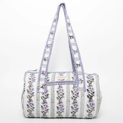 Weekender Quilted Cotton Duffle Bag and Pouch Set for Women | Carry on Gym Bag Lightweight Personal Item Travel Bag | Hand Block Printed Floral Design