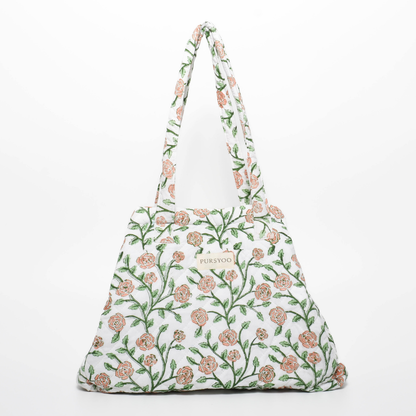 Large Quilted Cotton Tote bag and Pouch Set for Women | Handbag set for work and travel | Hand Block printed Floral Design