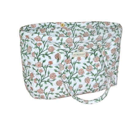 Large Quilted Cotton Tote bag and Pouch Set for Women | Handbag set for work and travel | Hand Block printed Floral Design