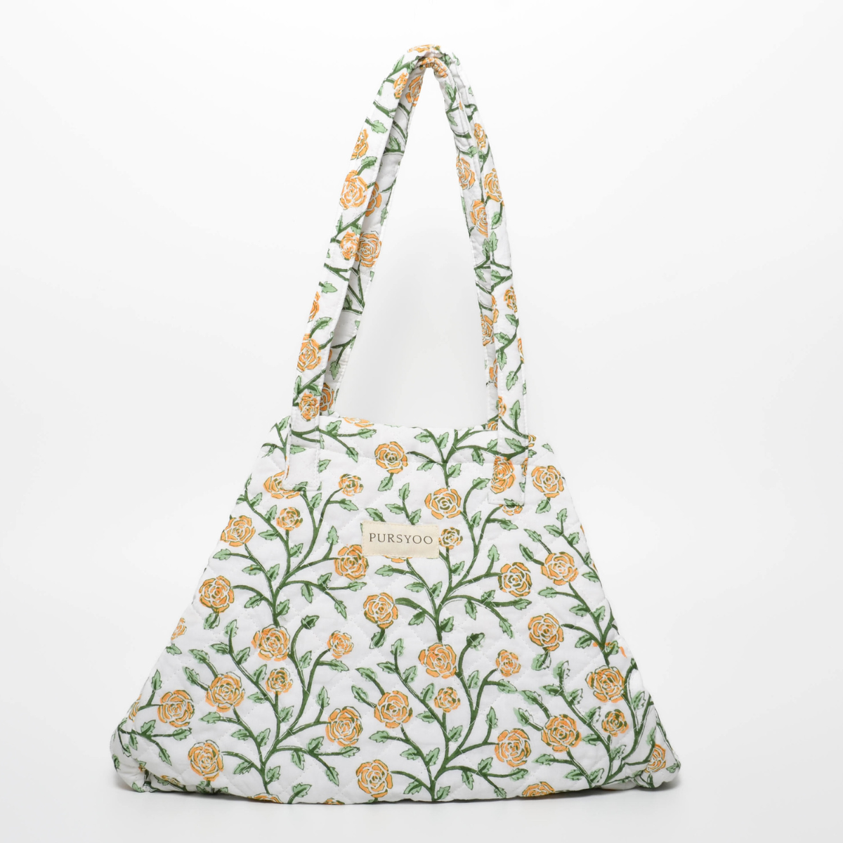 Quilted Cotton Tote Bag for women | Orange Blush Vine | Hand Block Printed