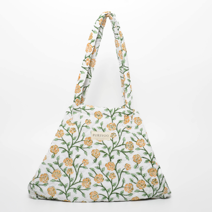 Quilted Cotton Tote Bag for women | Orange Blush Vine | Hand Block Printed