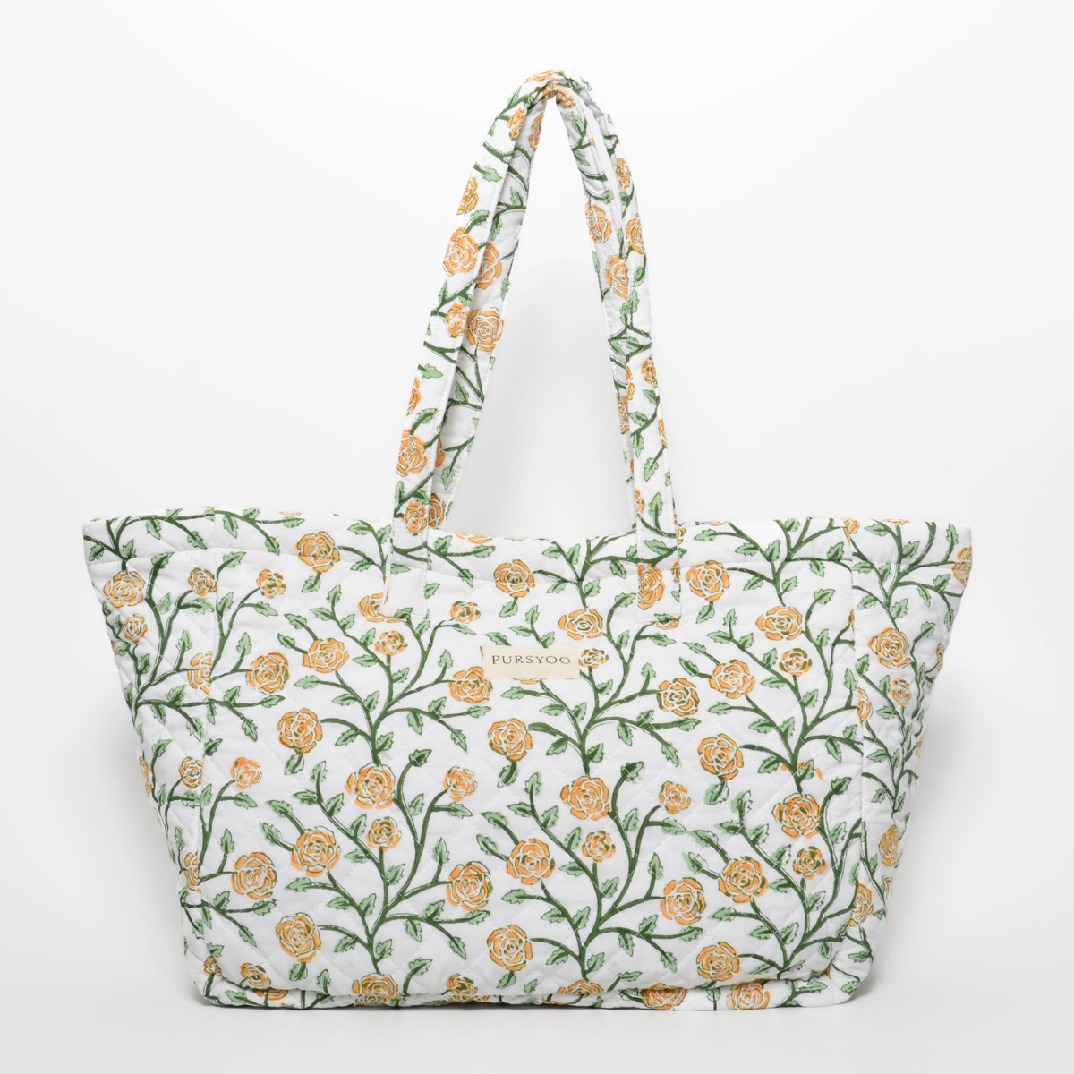 Quilted Cotton Tote Bag for women | Orange Blush Vine | Hand Block Printed