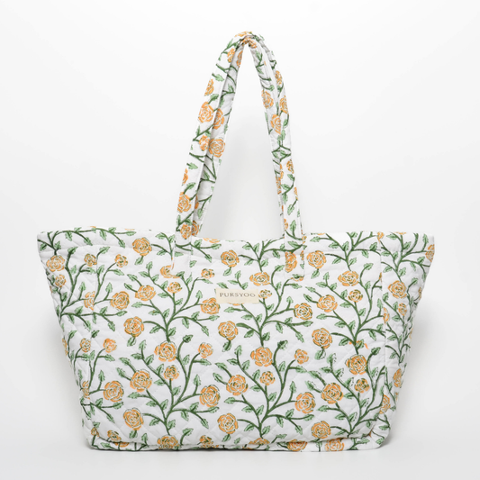 Quilted Cotton Tote Bag for women | Orange Blush Vine | Hand Block Printed