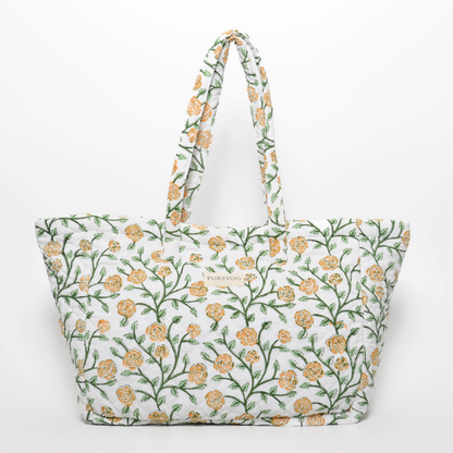 Quilted Cotton Tote, Duffle bag and Pouch Set for Women | Weekender Overnight Travel Bag set | Hand Block Printed Floral Design