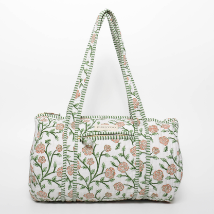 Quilted Cotton Tote, Duffle bag and Pouch Set for Women | Weekender Overnight Travel Bag set | Hand Block Printed Floral Design