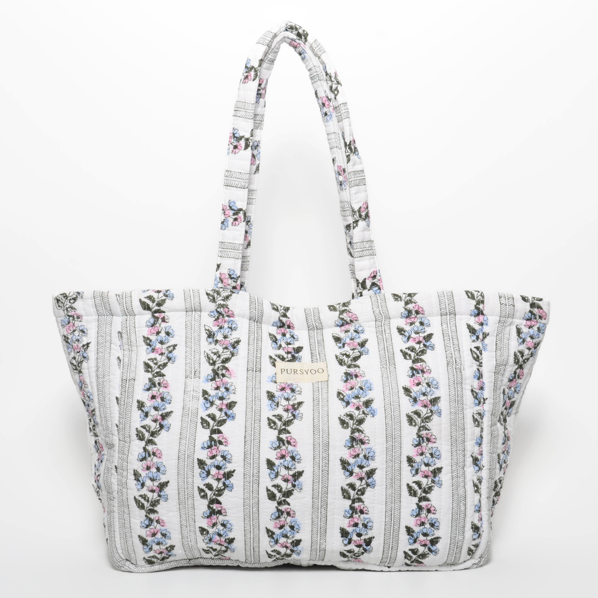 Quilted Cotton Tote, Duffle bag and Pouch Set for Women | Weekender Overnight Travel Bag set | Hand Block Printed Floral Design