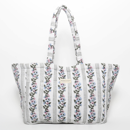 Quilted Cotton Tote, Duffle bag and Pouch Set for Women | Weekender Overnight Travel Bag set | Hand Block Printed Floral Design