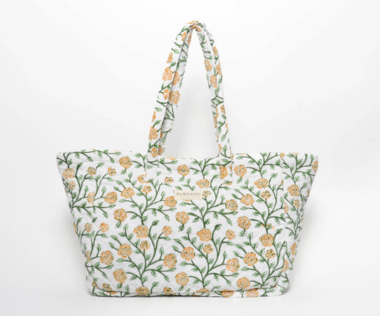 Orange Blush Vine Tote Bag | Hand Block Printed | Quilted Cotton