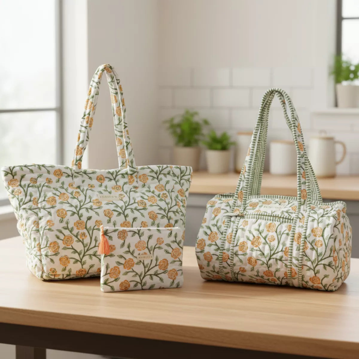 Floral-patterned bags on a wooden surface with a kitchen background