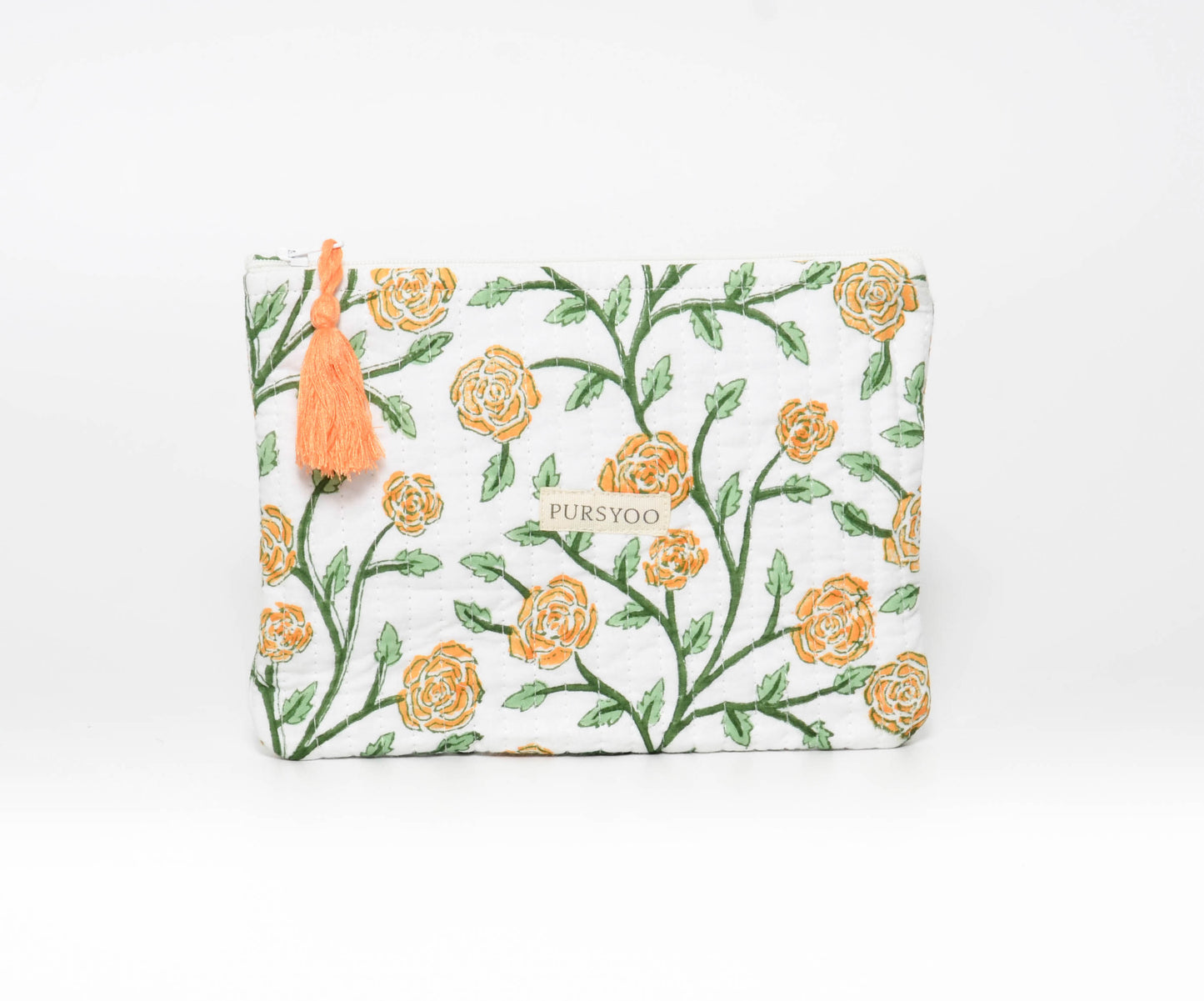 Orange Blush Vine Quilted Cotton Pouches | Hand Block Printed