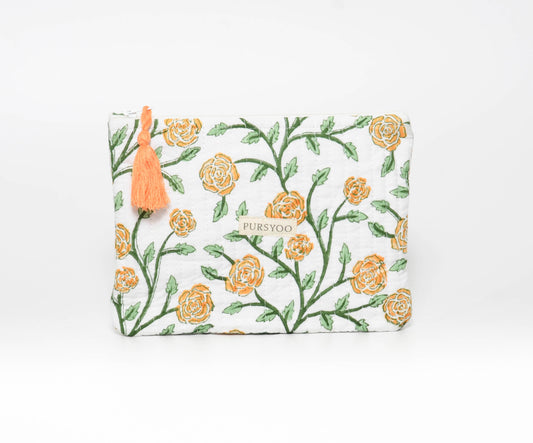 Orange Blush Vine Quilted Cotton Pouches | Hand Block Printed