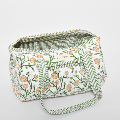 Weekender Quilted Cotton Duffle Bag and Pouch Set for Women | Carry on Gym Bag Lightweight Personal Item Travel Bag | Hand Block Printed Floral Design