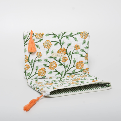 Weekender Quilted Cotton Duffle Bag and Pouch Set for Women | Carry on Gym Bag Lightweight Personal Item Travel Bag | Hand Block Printed Floral Design