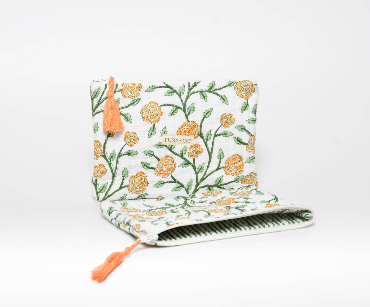 Orange Blush Vine Quilted Cotton Pouches | Hand Block Printed