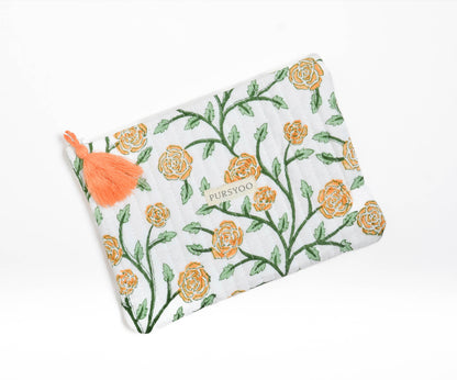 Orange Blush Vine Quilted Cotton Pouches | Hand Block Printed