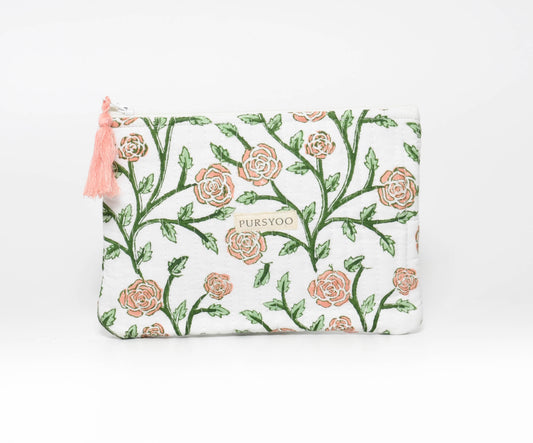 Peach Blush Vine Quilted Cotton Pouches | Hand Block Printed