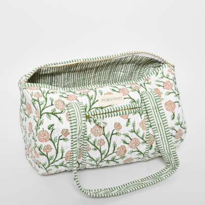 Weekender Quilted Cotton Duffle Bag and Pouch Set for Women | Carry on Gym Bag Lightweight Personal Item Travel Bag | Hand Block Printed Floral Design