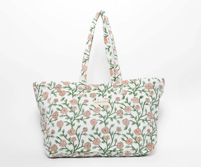 Peach Blush Vine Tote Bag | Hand Block Printed | Quilted Cotton