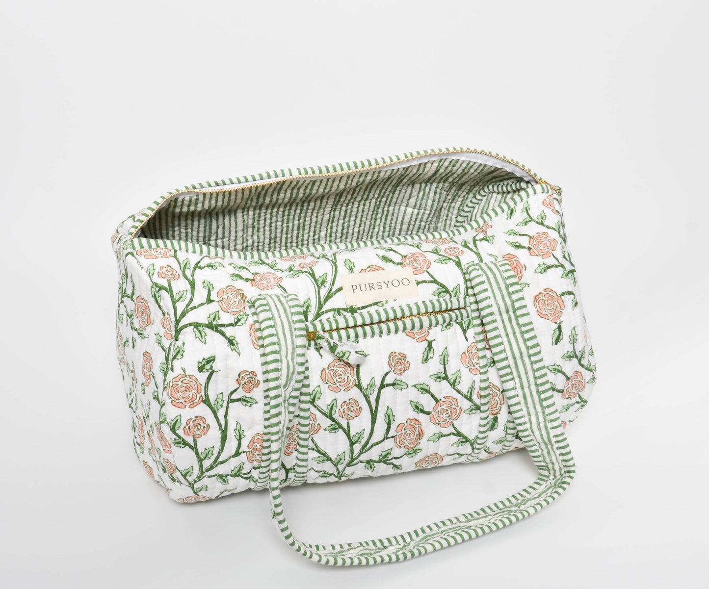 Peach Blush Vine Duffel Bag | Hand Block Printed | Quilted Cotton