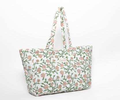 Peach Blush Vine Tote Bag | Hand Block Printed | Quilted Cotton