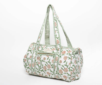 Peach Blush Vine Duffel Bag | Hand Block Printed | Quilted Cotton