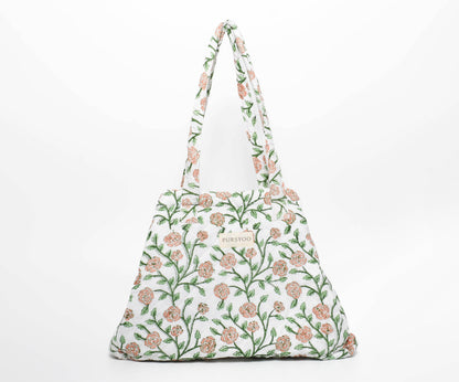 Peach Blush Vine Tote Bag | Hand Block Printed | Quilted Cotton