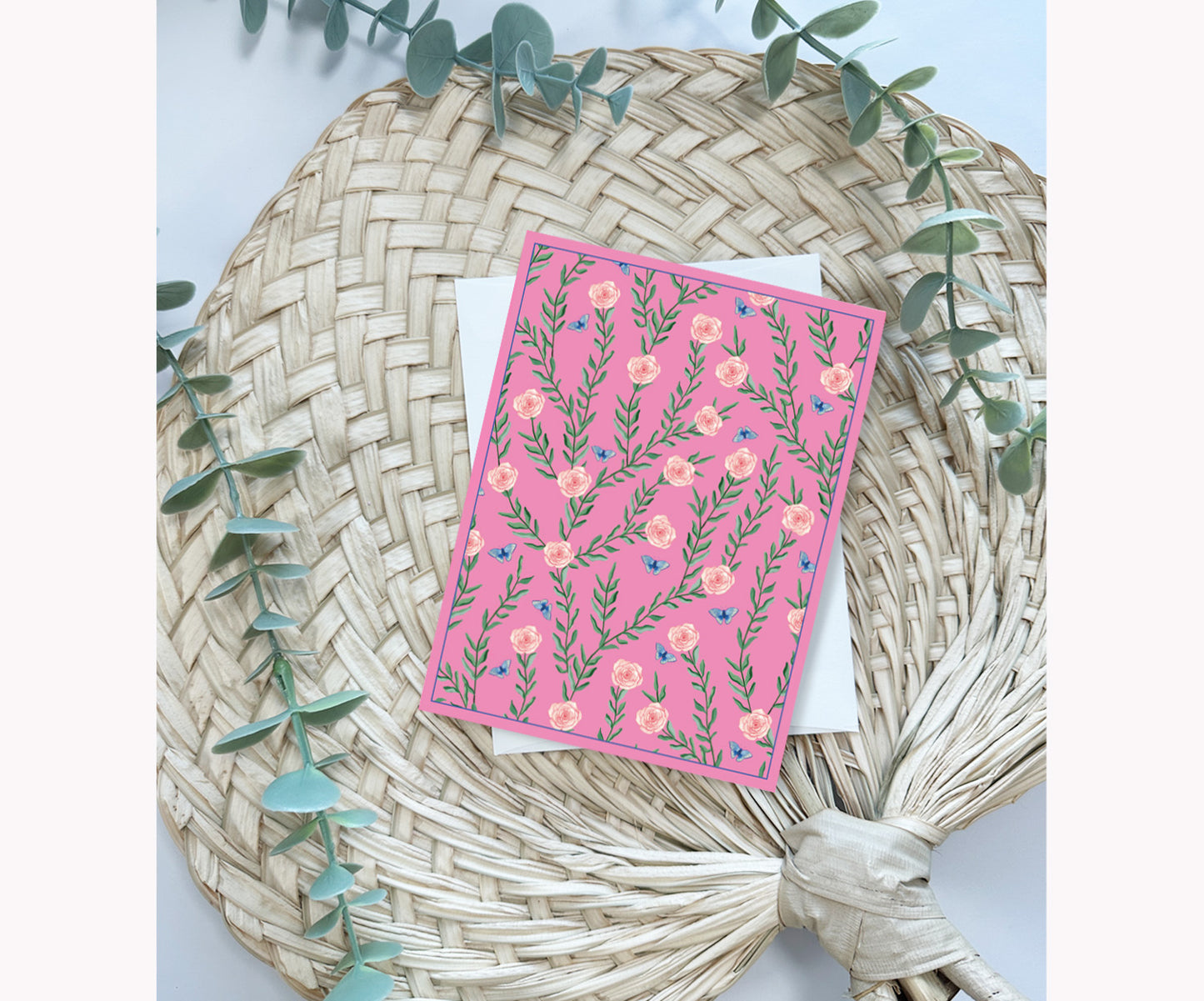 Rose Vine Pink Folded Notecard set of 8 cards