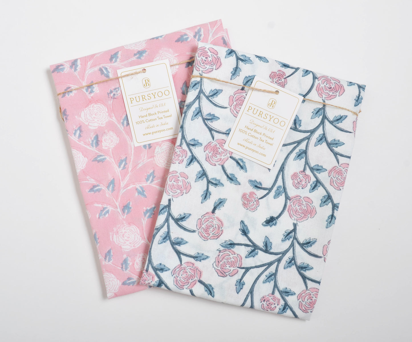 Pink Blush Vine Hand Block Printed Tea Towel